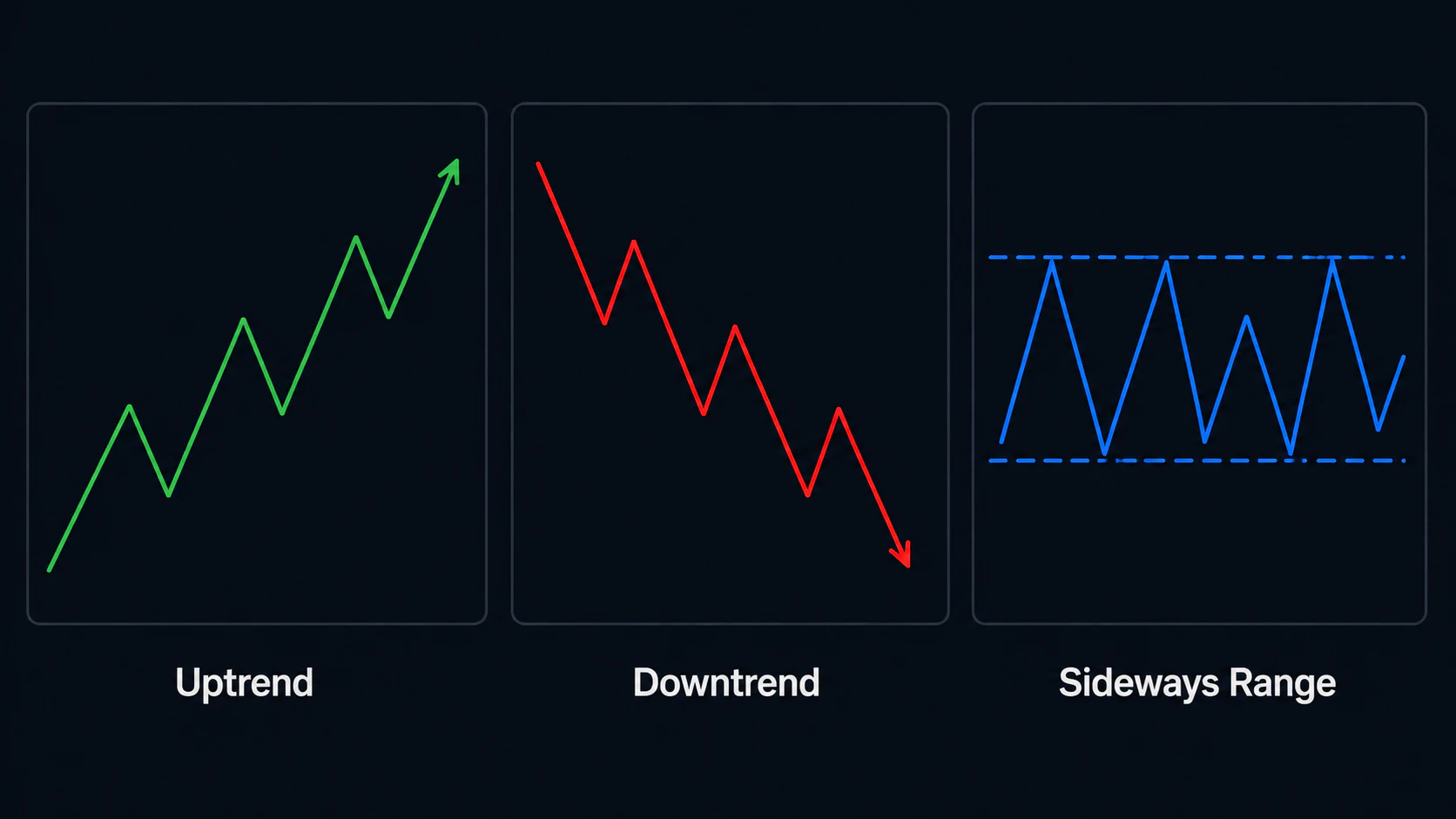 Comparison diagram of an uptrend, downtrend, and sideways range based on swing highs and lows
