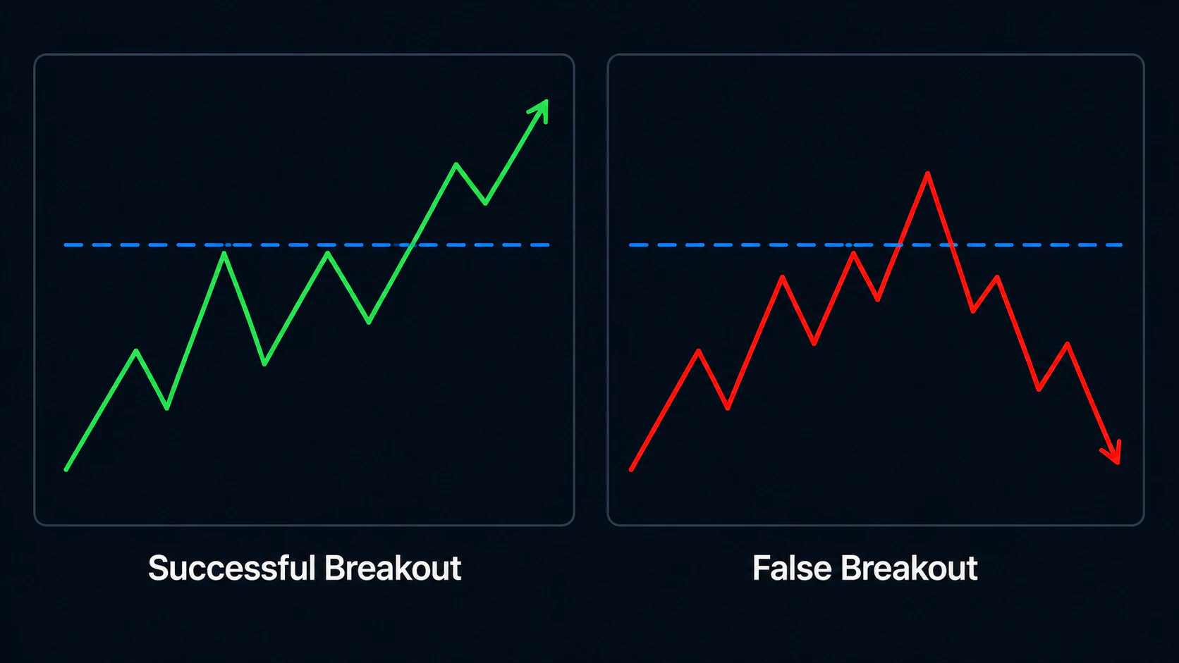 Comparison diagram of a successful breakout versus a false breakout at a resistance level