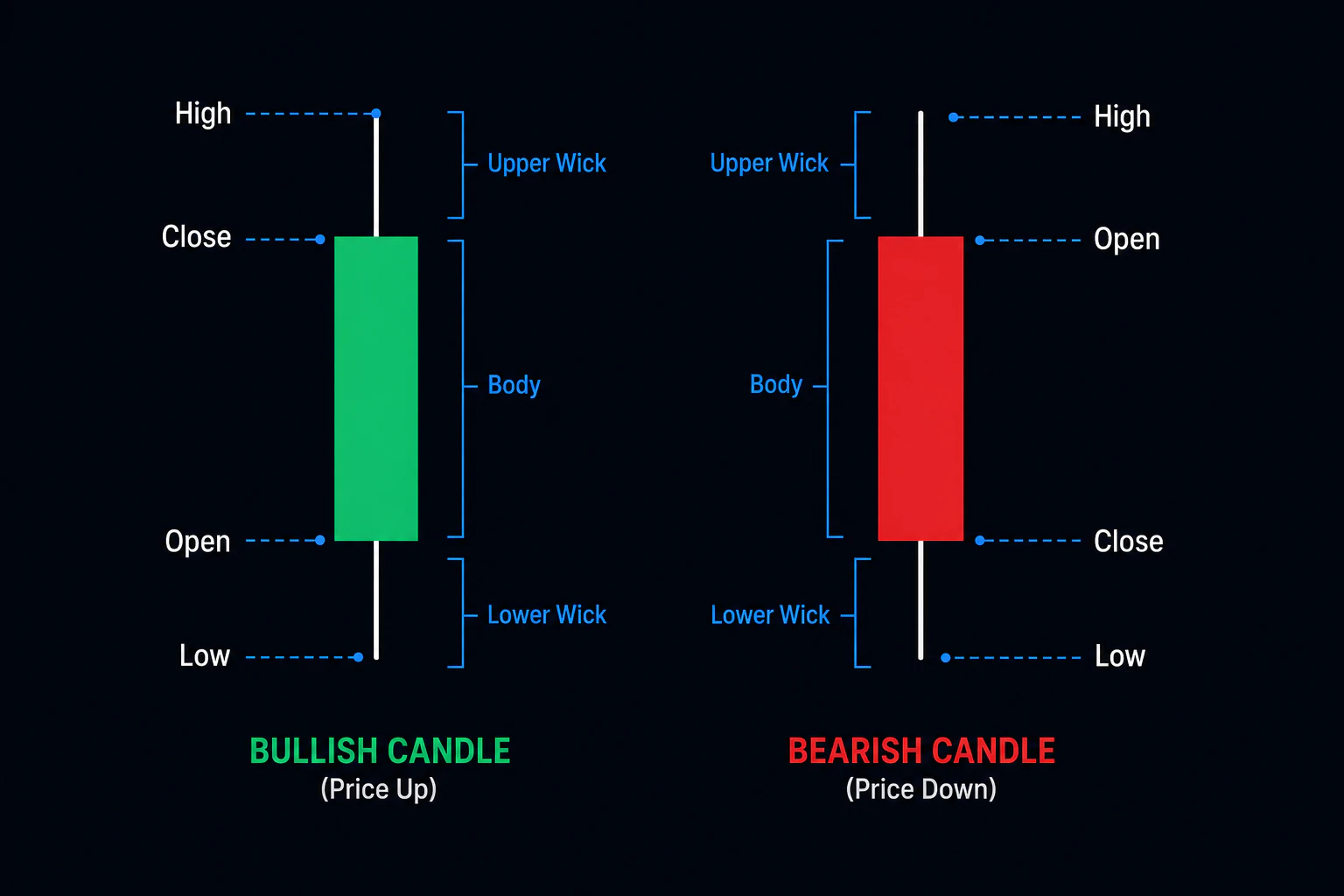 Labeled diagram comparing the anatomy of a bullish candle and a bearish candle