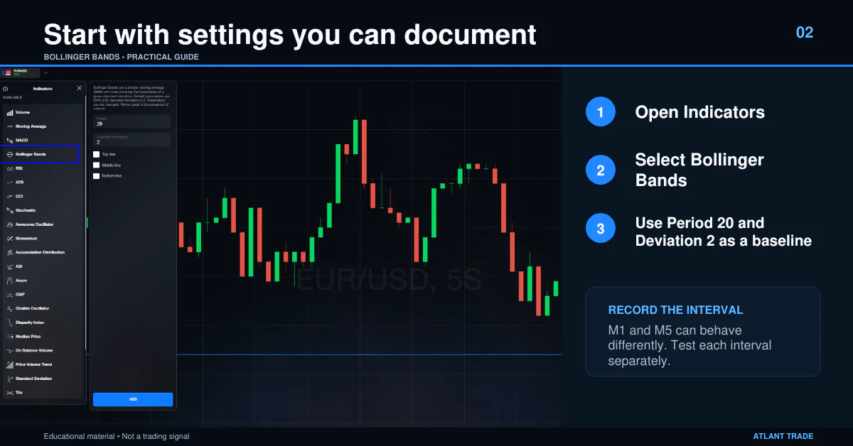 How to add Bollinger Bands with period 20 and deviation 2