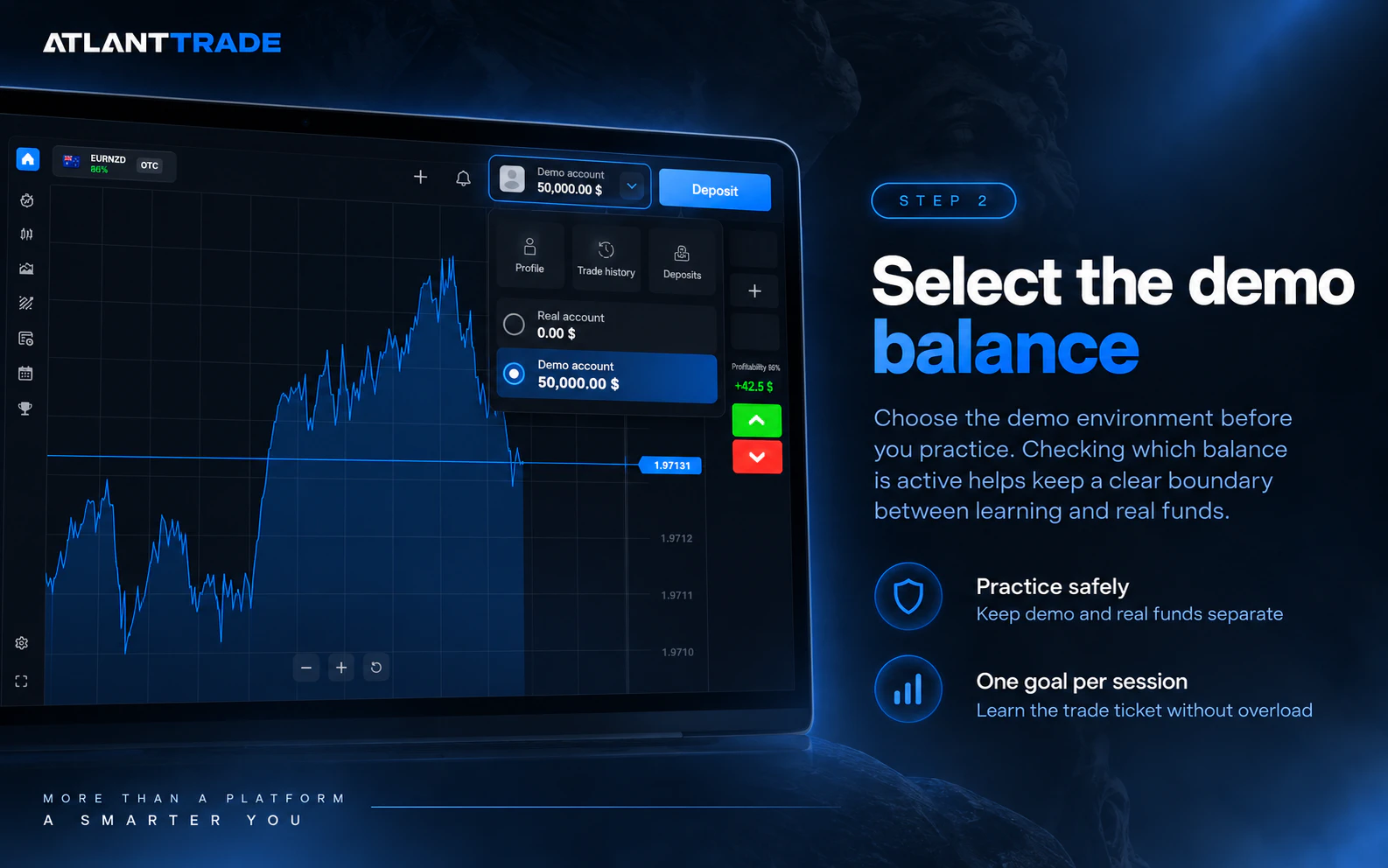 Selecting the demo balance in the Atlant Trade account menu