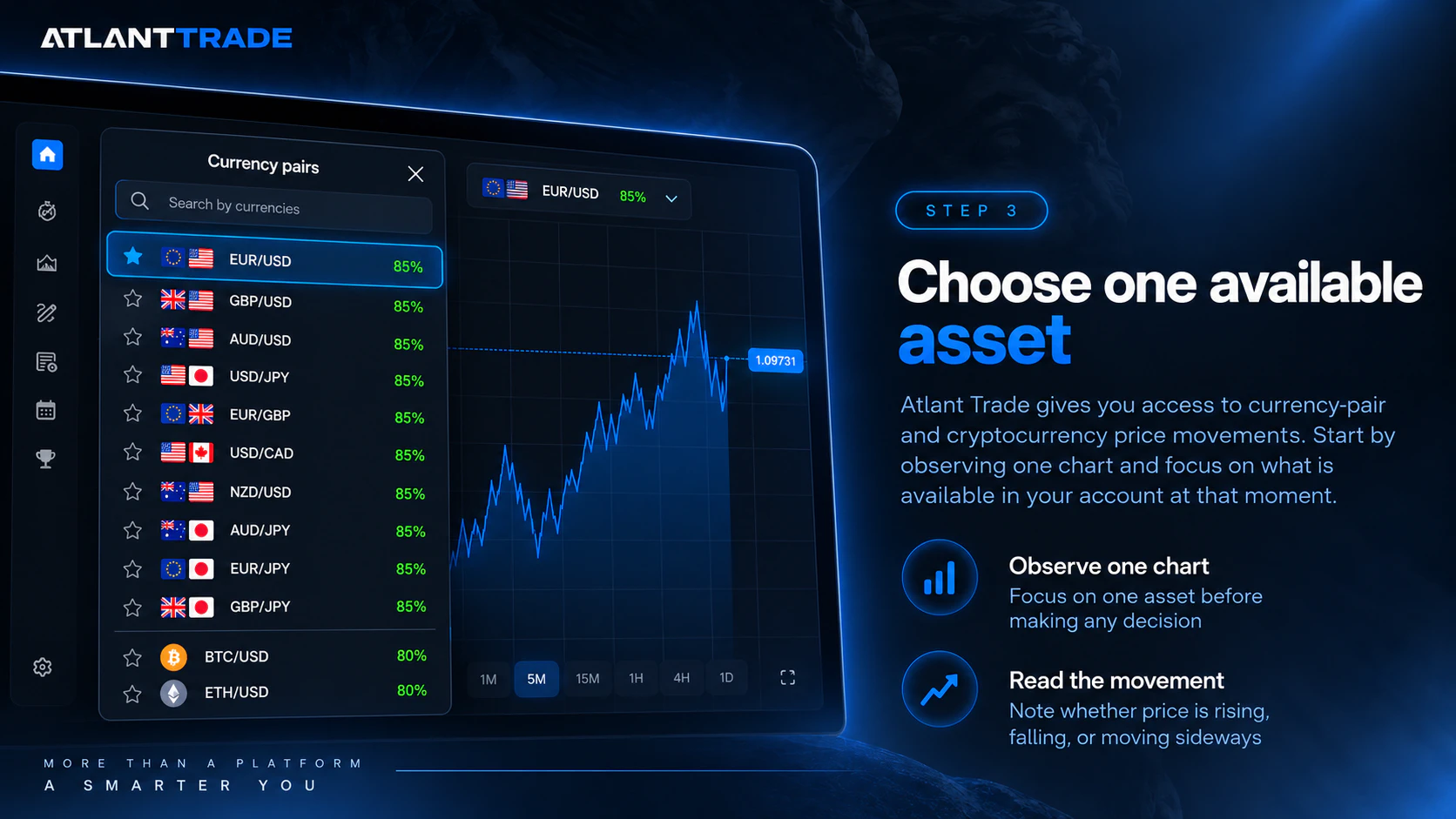 Choosing a currency pair from the asset list on Atlant Trade