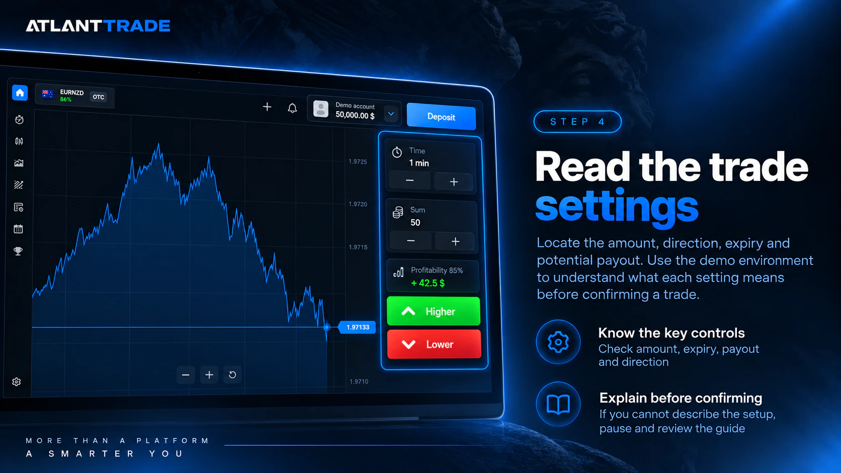 Atlant Trade trade settings showing the amount, direction, expiry and potential payout