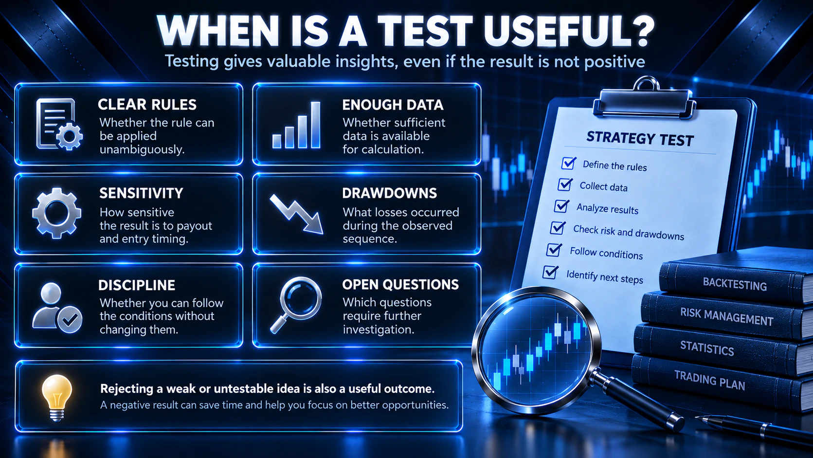 When a trading strategy test is useful for evaluating rules, data, drawdowns and risk